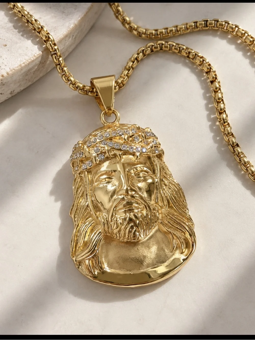 18K Gold Jesus Christ Pendant Necklace 24in Box Chain Iced Crown Hip Hop Unisex